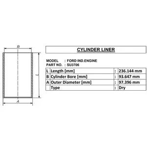 Liner silinder kering untuk ford ind.engine oe:-su3706 id:-93.647mm od:-97.396mm panjang:-236.144mm buatan india
