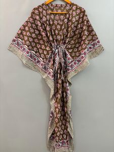 Jaipuri imprimé coton fait à la main caftan Robe longue couverture de plage Maxi Kimono Robe avec fleur bloc imprimé vêtements de nuit Style décontracté - Product Image 4