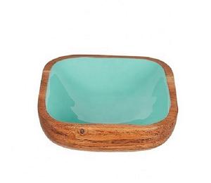 Autocollant en émail bleu ciel naturel plateau de service en bois vaisselle de table artisanat bol de fruits décoratif usage commercial alimentaire - Product Image 1