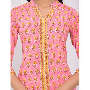 Kurti Rosa de Algodón con Estampado de Bloques, Vestido Indio de Estilo Pakistaní, Incluye Lehenga Choli Salwar Saree, Todo Cosido, Listo para Usar - Product Image 2