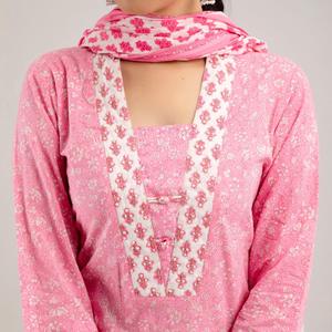 Kurta Recta de Gasa con Estampado Floral Rosa, Pantalones y Dupatta con Diseño de Pecho Decorado - Product Image 5