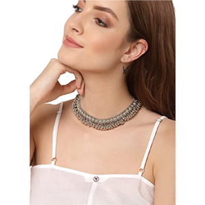 Oxidised Ghungroo <b>Choker</b> Vintage Brass Alloy Snake Chain Classic Religious Christian Party Jewelry with Geometric Diamond Pearl - Product Image 6