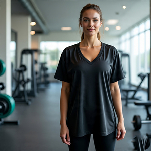 T-shirt d'entraînement Fitness pour femmes T-shirt à épaules tombantes surdimensionné à manches courtes col en V Baggy Gym T-shirt femmes - Product Image 1