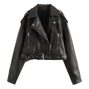 Vintage Loose Pu Faux Leather Short Jacket With Belt Streetwear Female Zipper Moto Biker Coat Outwear Tops - Product Image 5