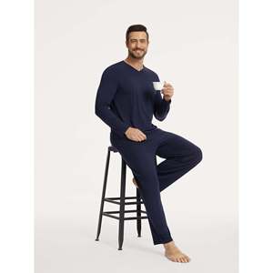Premium <b>Men's</b> <b>V</b>-<b>Neck</b> Pajama Set Casual Home Wear in Spring Composed of Soft Bamboo Silk Cotton Customizable Logo XL Size - Product Image 4