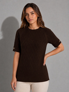 Haut en tricot à manches courtes pour femmes, 50% coton, 50% acrylique, col rond, pull OEM ODM - Product Image 1