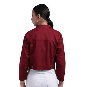 เสื้อแจ็กเก็ตผ้ายีนส์สีแดงเข้มสำหรับผู้หญิงเสื้อแจ็กเก็ตแฟชั่นบุขนสัตว์ระบายอากาศได้ดีมีกระเป๋า - Product Image 3