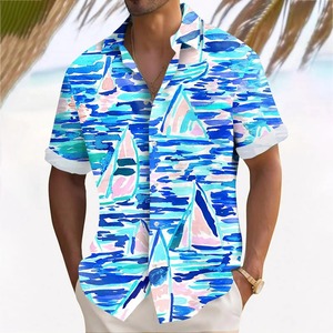 Camiseta de poliéster/algodón con estampado floral 3D azul unisex, camisa transpirable ligera de manga corta informal de secado rápido con botones en la parte delantera - Product Image 4