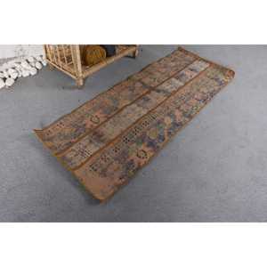 Turkish Rug 1.5x3.9 ft, <b>Brown</b> Blue Moroccan <b>Wool</b> Vintage Rug - Product Image 2