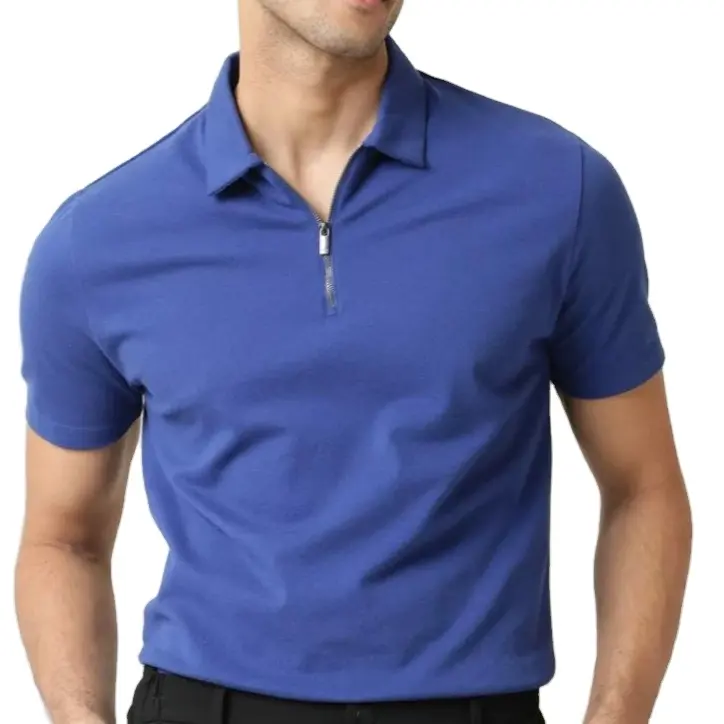Trending OEM Polyester Men Front 3/4 Zipper Half sleeve Self Collar Plain Color t-shirt