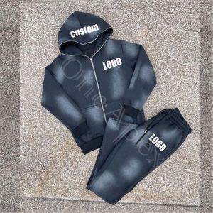 Ensembles de sweats à capuche et de pantalons de survêtement délavés au soleil pour hommes survêtements personnalisés en coton à fermeture éclair complète - Product Image 1