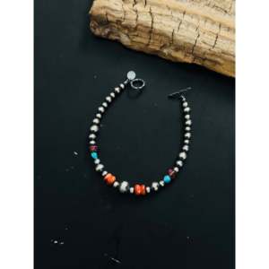 Ethnic Ball-shaped <b>Bracelet</b> Navajo Strung Multi-Color Stone & Pearl Beaded Made of Sterling <b>Silver</b> for Gift - Product Image 3