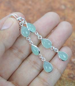 Boucles d'oreilles pendantes en argent sterling 925 plaqué or avec calcédoine aqua, faites à la main, bijoux en pierre bleue pour femme, cadeau, vente en gros - Product Image 4