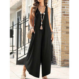 Women's Strappy Round Neck <b>Pocketed</b> Loose Long Viscose <b>Jumpsuit</b>, 34452 - Black - Product Image 5
