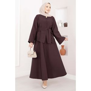Ensemble jupe et veste décontracté asymétrique boutonné doré avec ceinture, couleur prune - Product Image 4