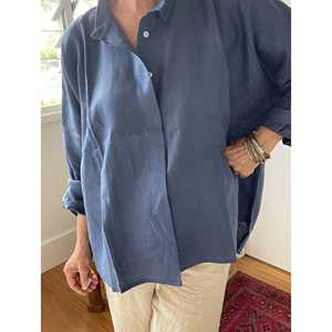 Camisa Oversize de Lino Azul Paloma Oscuro - Estilo Casual Occidental Bordado, Talla Única, Ajuste Holgado para Primavera, Verano y Otoño (Tallas XS-XL) - Product Image 5