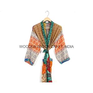 Kimono largo de seda pura con estampado Floral y patrón de retazos con mangas sueltas, ropa de playa, bata, vestido de dormir para mujer - Product Image 6