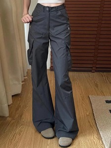 Pantalon cargo rétro pour femmes grandes poches taille élastique cordon jambe large-couleur unie Streetwear simple pour les étudiants - Product Image 4