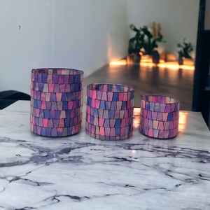 Tamaño personalizado OEM ODM soporte votivo frascos de vidrio linternas recipientes cilíndricos mosaico soplado a mano rosa azul vidrio multiusos - Product Image 4