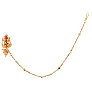 Indian Jewellery Gold Plated Red Crystal Antique Bridal <b>Nose</b> Ring Hoop <b>Pin</b> With Chain Non Piercing Jewelry For Women - Product Image 1