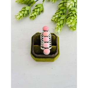Handmade <b>Boho</b> Navajo <b>Ring</b> Size 6 Featuring Pink Conch & Sterling <b>Silver</b> Cluster Bezel Set Shell Inlay Everyday Wear - Product Image 1