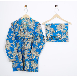 Pijama largo suave y cómodo de algodón indio 100% para dama de honor, conjunto de Pijama largo con estampado Floral Beige para vestido de dormir de verano - Product Image 3