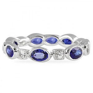Tendance de luxe 100% naturel ovale coupe bleu et blanc saphir pleine éternité bagues en or blanc massif 14K bijoux en gros - Product Image 1