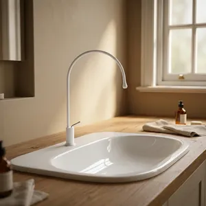 Robinet de lavabo minimaliste blanc, monotrou, à poser sur le comptoir, en acier inoxydable, sans poignée, pour lavabo - Product Image 4