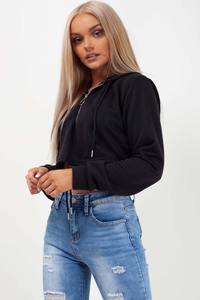 2025 Latest Design <b>Black</b> Color <b>Plain</b> Blank Long Sleeve Half Zipper Crop Cotton <b>Hoodie</b> Women's Custom Made Plus Size Crop <b>Hoodie</b> - Product Image 3