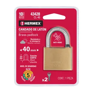 HERMEX Lot de 3 cadenas à clé en laiton de 40mm dans un blister avec crochets courts Caractéristiques de sécurité antivol Matériau en fer étanche - Product Image 2