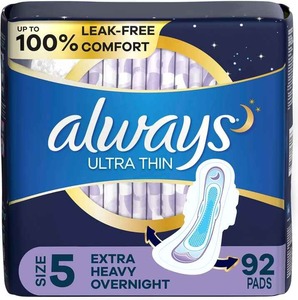 Always Ultra Thin Feminine <b>Pads</b> for Women, Size 5, Extra Heavy, Overnight Absorbency with Wings, 46 Count X 2 Packs 92 Count - Product Image 1
