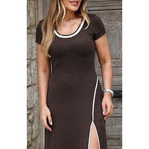 Women's Short-Sleeved Round Neck White Full-Length <b>Viscose</b> <b>Dress</b> with Slit Detail, 35594 - Coffee - Product Image 2