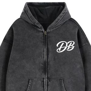 Sweat à capuche zippé unisexe en molleton de coton épais, délavé au charbon, coupe oversize, imprimé personnalisé, style streetwear - Product Image 3
