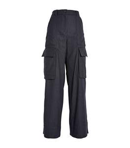 100% coton matériel vêtements décontractés couleur bleu marine à fines rayures Cargo pantalon pantalon pour femmes personnalisé ceinture élastique pantalon - Product Image 1