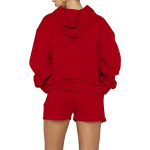 Dernier prix meilleure qualité sweats à capuche pour femmes et short 2 pièces ensemble tenue décontracté couleur unie sweats à capuche pour femmes - Product Image 3