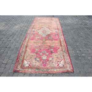 3.9x10.6 ft Vintage Rug, Turkish <b>Runner</b> Rug, <b>Red</b> Blue Check Wool Rug - Product Image 1