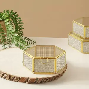 迷你六角玻璃储物盒，带金色金属边缘豪华珠宝组织器和配件储物水晶盒