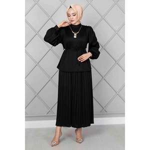 Hombros Botón Detalle Hijab 2 Piezas Conjunto Negro - Product Image 1