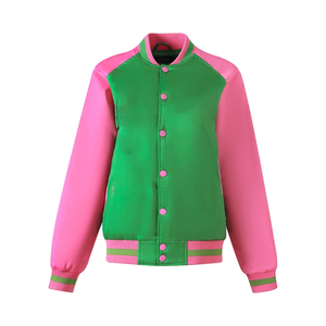 Blouson Bomber en Satin Vert et Rose Vif, Brillant, Style Fraternité Grecque, Streetwear, Imperméable, Réversible, Printemps, Varsity, Urbain, Bordures Côtelées - Product Image 1