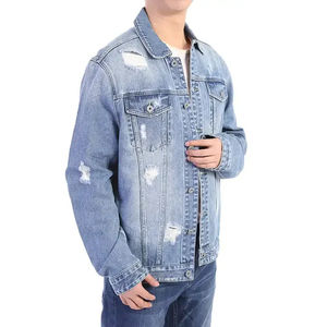 Ensemble en denim uni à la mode pour hommes en coton pur à lavage moyen avec veste et pantalon deux pièces amples de style industriel lourd - Product Image 3