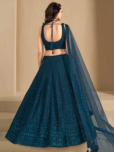 Elegante Lehenga Choli de Georgette de Poliéster Azul, Largo hasta el Suelo, de Secado Rápido, con Bordado de Lentejuelas Resham, para Bodas y Fiestas - Product Image 4