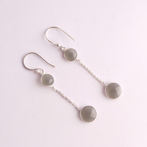 Two stone brass silver <b>earring</b> double stone gray chalcedony bezel setting hanging link chain dangle drop <b>hook</b> <b>earring</b> for her - Product Image 1