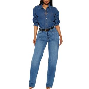 Chemise en jean foncé pour femmes, manches longues, boutonnée, douce, respirante, décontractée, élégante, pour les fêtes, été, tissée, plissée - Product Image 2
