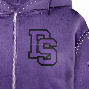 Premium 380 GSM Cotton Fleece Zipper <b>Hoodie</b> <b>Purple</b> Distressed Look with Studded Design and Custom Logo Embroidery basics <b>Hoodie</b> - Product Image 6