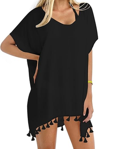 ชุดชายหาดสีดำสำหรับผู้หญิงที่มีคอกว้างแขนสั้นพู่ชายเสื้อใส่สบายเนื้อผ้าเบาดูสบายๆฤดูร้อน - Product Image 3