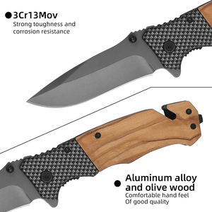 Cuchillo plegable personalizable de nuevo diseño con mango de madera de Olivo de aluminio para acampar pesca OEM compatible con cantidad a granel - Product Image 3