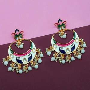 Kriaa Blanc Meenakari et Perles Kundan Dangle Boucles D'oreilles Fine 1314214E Bijoux - Product Image 1