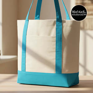 Turquoise 16x14x5 Eco-Friendly <b>Canvas</b> Tote <b>Bag</b> <b>Large</b> Size Cotton Shopping Handbag with Letter and Screen Pattern for Foods - Product Image 1