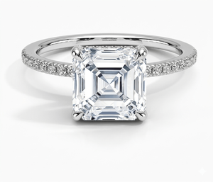 Anillo de Compromiso con Diamante Cultivado en Laboratorio, Corte Asscher, Banda con Pavé de Diamantes Redondos Brillantes, Anillo de Boda Clásico para Mujer - Product Image 1