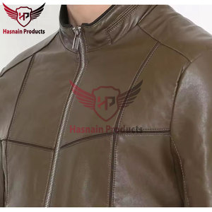 <b>Mens</b> Real <b>Brown</b> <b>Leather</b> <b>Jacket</b> Stand Collar Grid Seam Zip Pockets Sheepskin Olive Biker Coat Custom Casual Winter Outerwear - Product Image 5